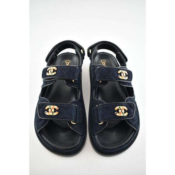 Chanel 21A Blue Velvet Denim CC Logo Mule Slide Strap Flat Teva Dad Sandal 41 - Picture 5 of 11
